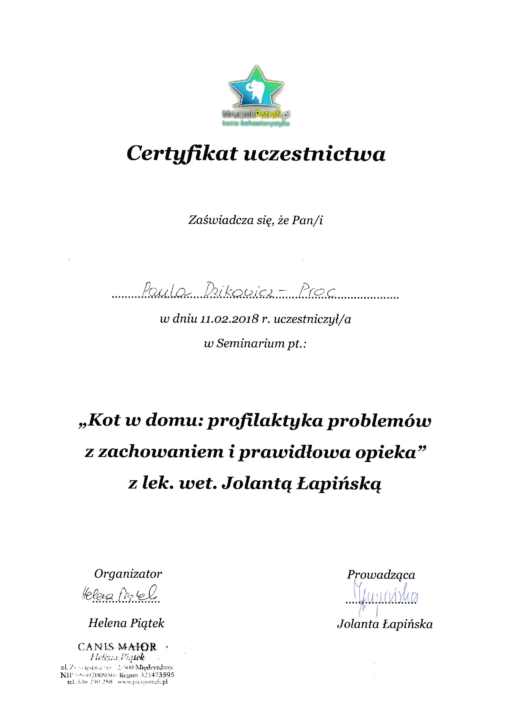 Certyfikat terapia behawioralna